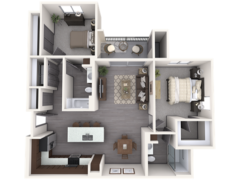 Floor plan for 2 beds, 2 baths, 988 sqft